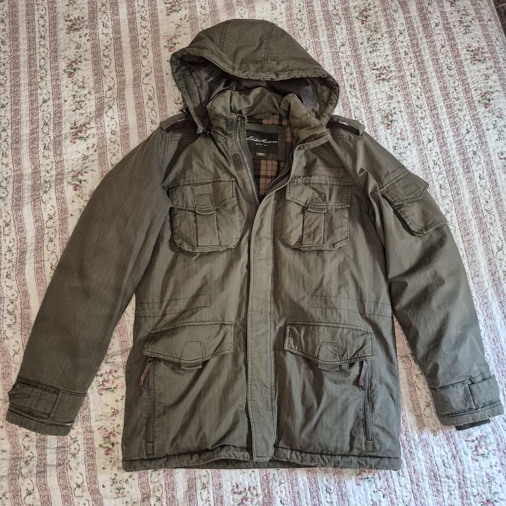 Eddie Bauer Men's Green Goose Down Cotton Hooded Jacket Medium M